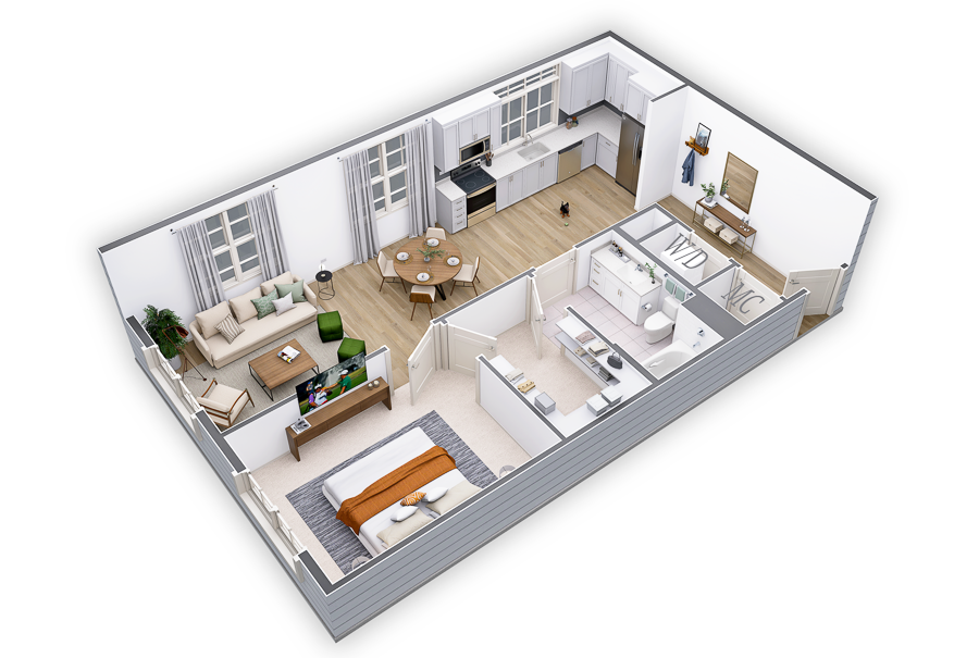 Floor plan for 1 bed, 1 bath, 851 sqft